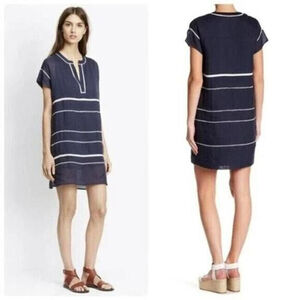 Vince 100% Ramie Lace Inset Popover Dress Navy Blue White Short Sleeve Coastal